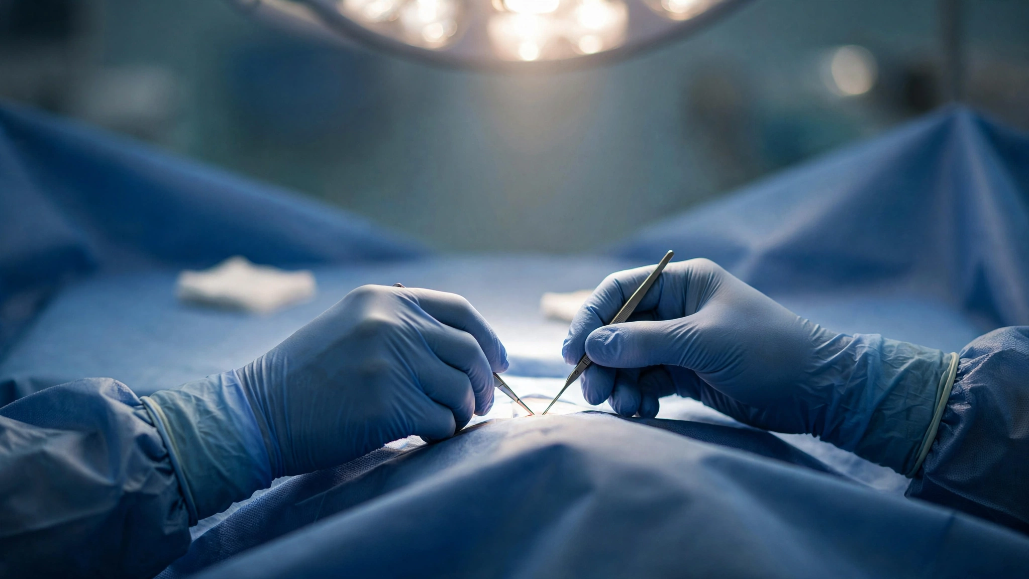 Surgeons' gloved hands working over a draped surgical field under an operating light